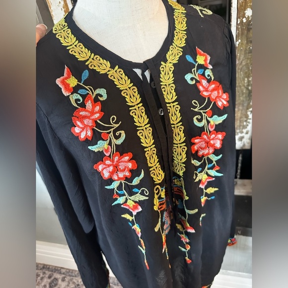 Johnny Was Black Floral Embroidered Blouse Suko V-neck Size 1X / XXL - Picture 6 of 11
